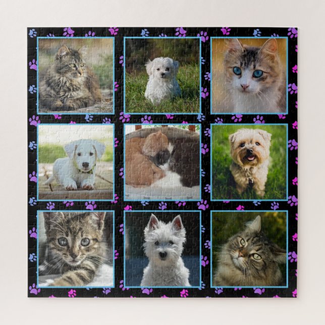 Dogs Cats Blue Purple Pink Paw Prints Pet Photos Jigsaw Puzzle (Vertical)