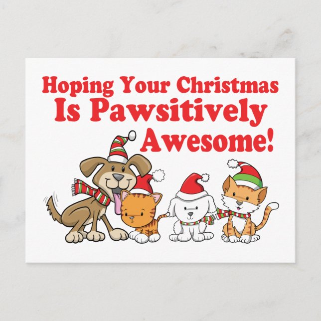 Dogs & Cats Pawsitively Awesome Christmas Holiday Postcard (Front)