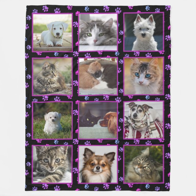Dogs Cats Pink Purple Blue Paw Prints Pet Photos Fleece Blanket (Front)