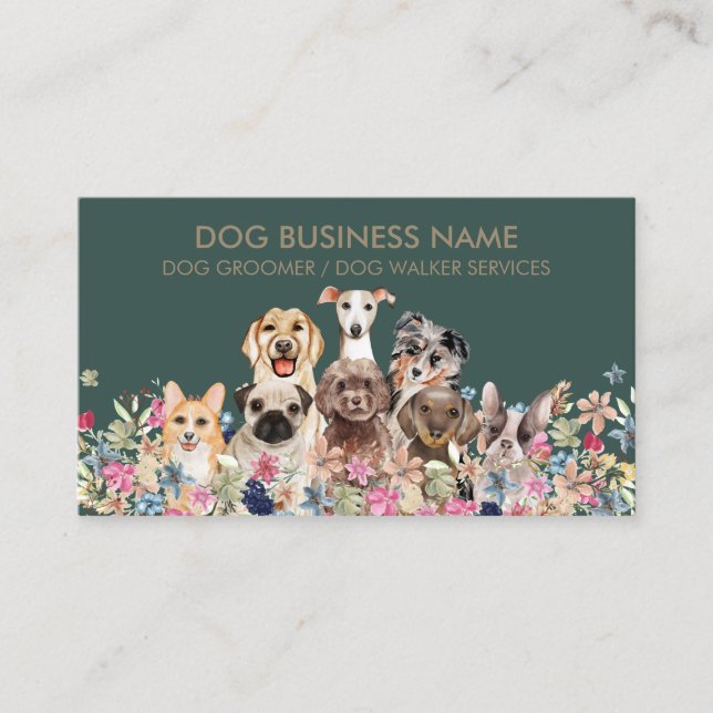 Dogs Drawing Flowers Design Business Card (Front)