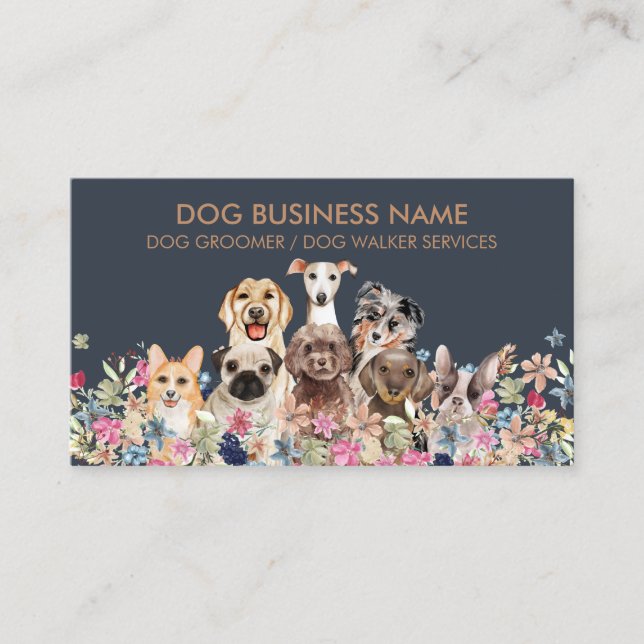 Dogs Drawing Flowers Design Modern Simple Business Card (Front)
