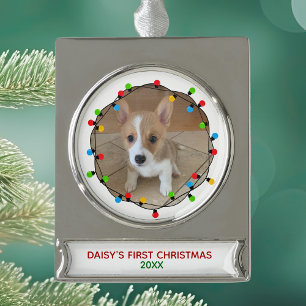 Dog's First Christmas Cute Custom Puppy Keepsake Silver Plated Banner Ornament