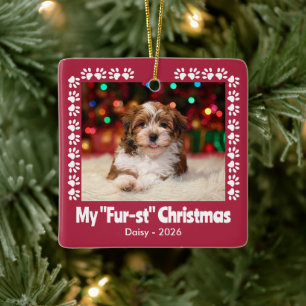 Dog's First Christmas Paw Prints Photo Ceramic Ornament