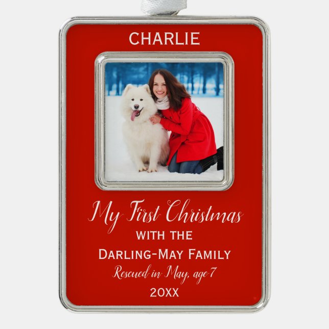 Dogs First Christmas Personalised Photo Keepsake Silver Plated Framed Ornament (Front)