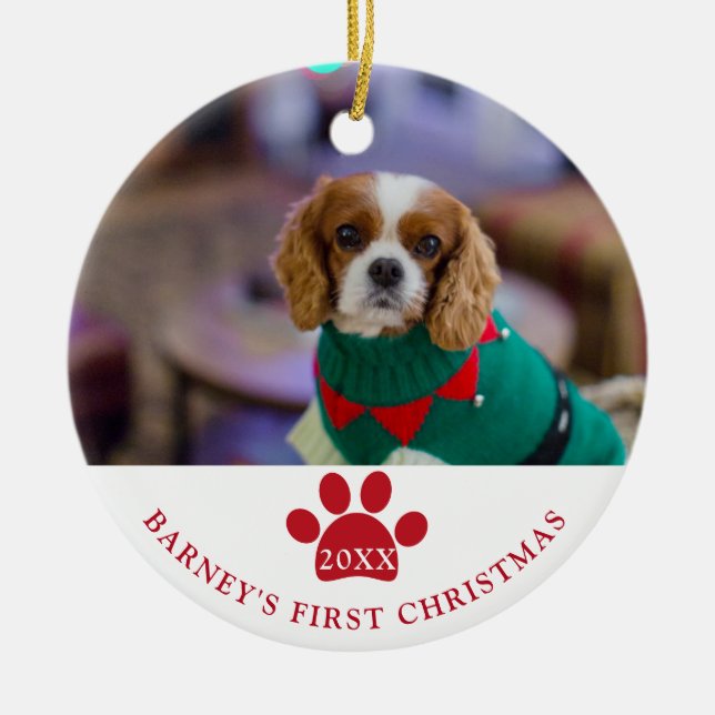 Dog's First Christmas Photo Ceramic Tree Decoration (Front)