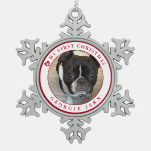 Dog's First Christmas Photo Snowflake Pewter Christmas Ornament