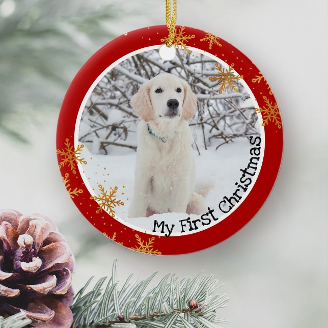 Dog's First Christmas Red Gold Snowflakes Photo Ceramic Tree Decoration (Puppy First Christmas photo ornament keepsake)