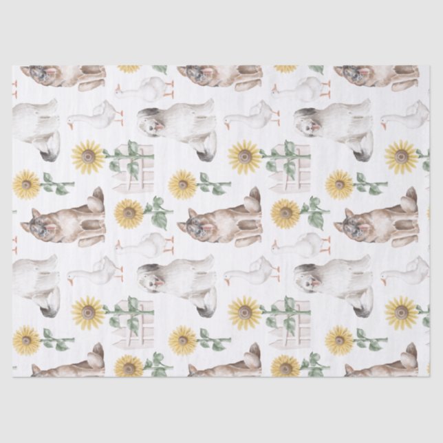 Dogs, Flowers, and Ducks on White Decoupage Tissue Paper (Front)