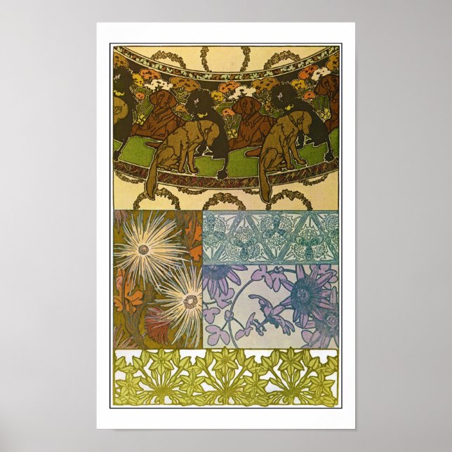 Dogs & Flowers of Art Nouveau Style, Mucha Poster (Front)
