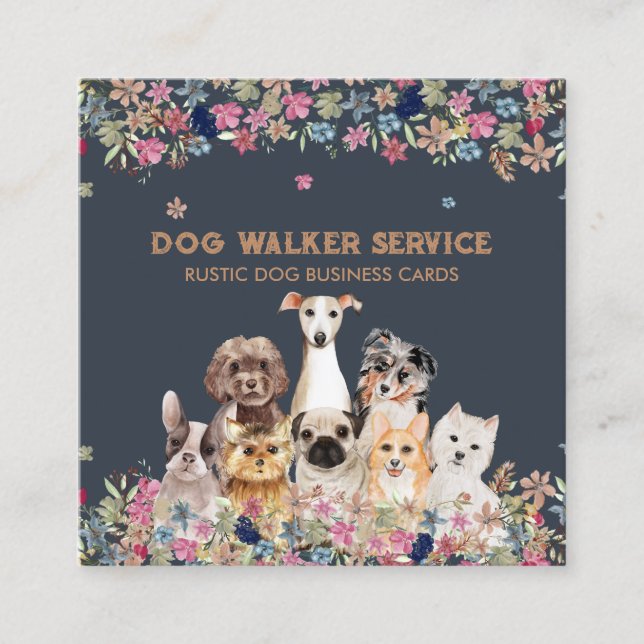 Dogs Flowers Rustic Pet Service Floral Square Business Card (Front)