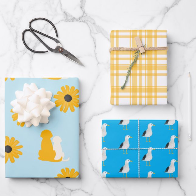 Dogs, Flowers, Seagulls, Plaid Set of 3 Gift Wrap (Front)