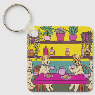 Dogs having afternoon tea key ring