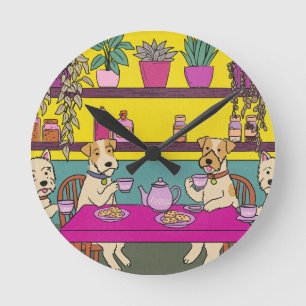 Dogs having afternoon tea round clock