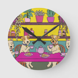Dogs having afternoon tea round clock