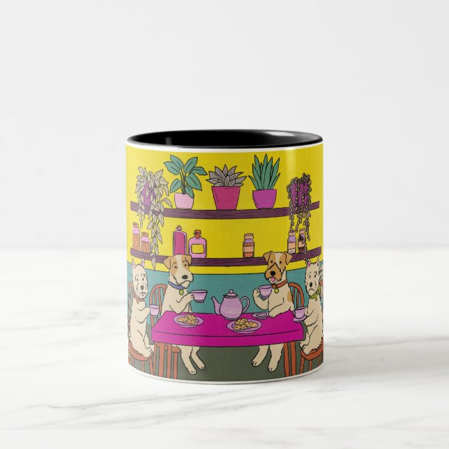 Dogs having afternoon tea Two-Tone coffee mug (Center)