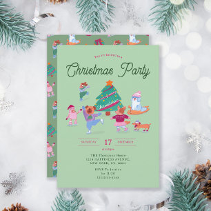 Dogs Ice Skating Pistachio Green Christmas Party Invitation