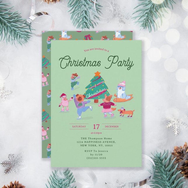 Dogs Ice Skating Pistachio Green Christmas Party Invitation (Creator Uploaded)