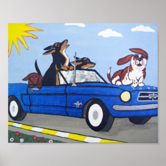 Dogs in Blue Mustang Summer Cruising Poster