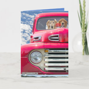 dogs in red truck birthday card