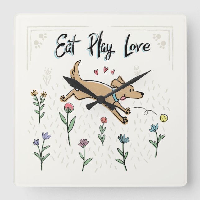 Dogs in the Garden II | Eat Play Love Square Wall Clock (Front)