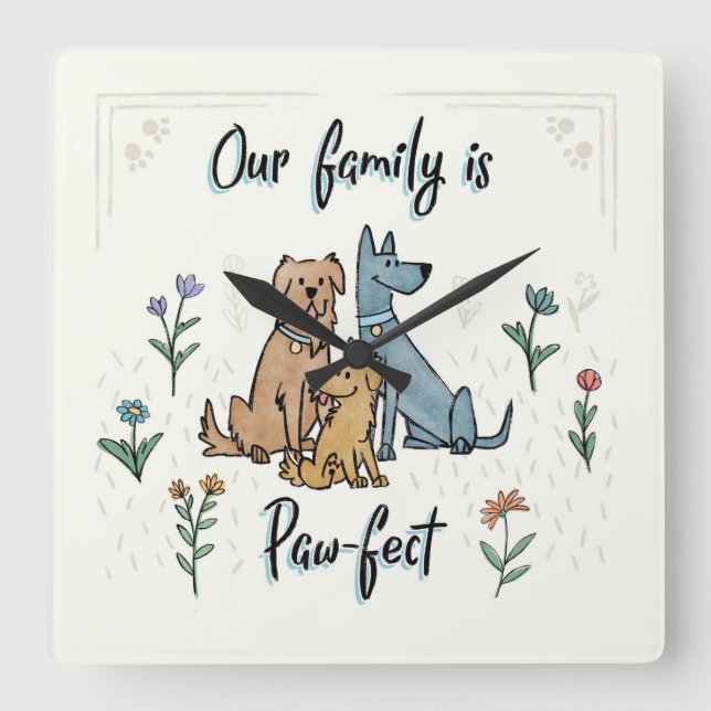 Dogs in the Garden IV | Our Family Is Paw-fect Square Wall Clock (Front)