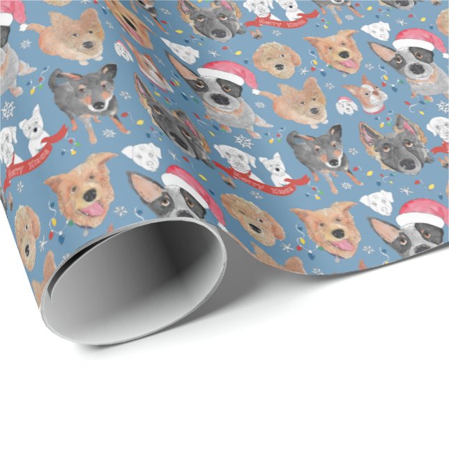 Dogs in the Neighborhood Christmas Blue  Wrapping Paper (Roll Corner)
