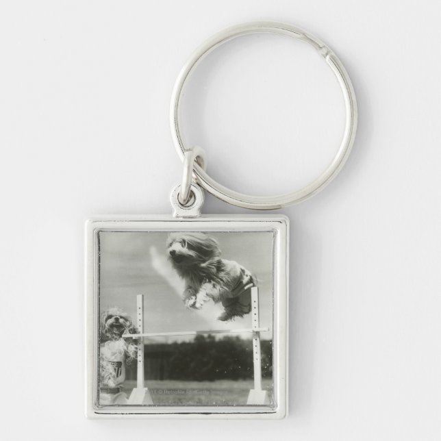 Dogs jumping over miniature high jump bar key ring (Front)