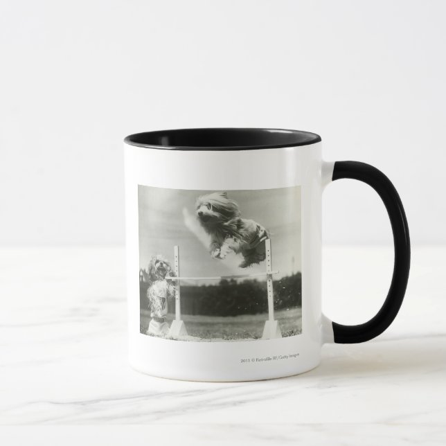 Dogs jumping over miniature high jump bar mug (Right)