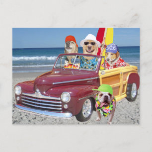 Dogs/Labs on the Beach in a Woodie Postcard