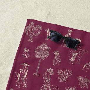 Dogs Lady Toile de Jouy Burgundy Colour Beach Towel