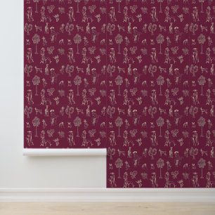 Dogs Lady Toile de Jouy Burgundy Colour  Wallpaper
