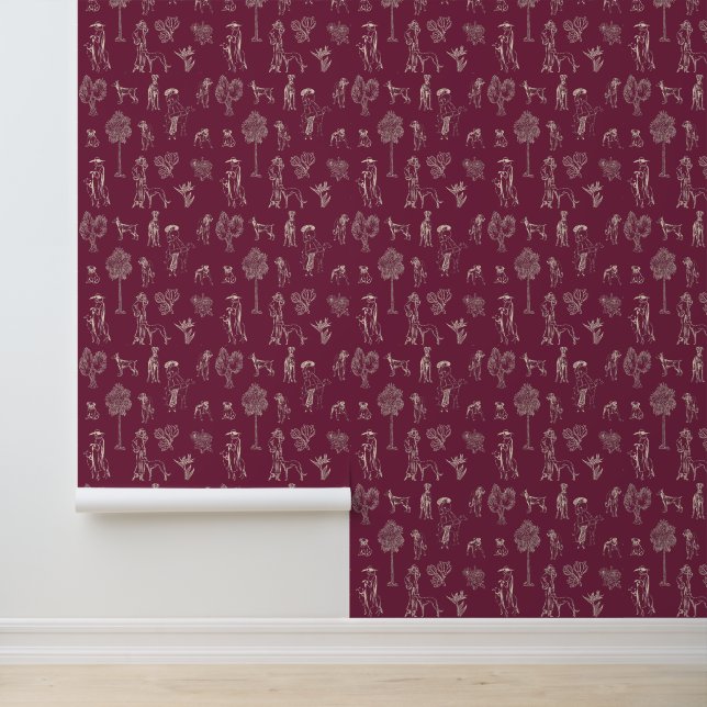 Dogs Lady Toile de Jouy Burgundy Colour  Wallpaper (Application)