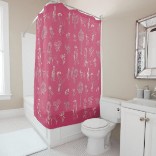Dogs Lady Toile de Jouy Dark Pink Colour Shower Curtain
