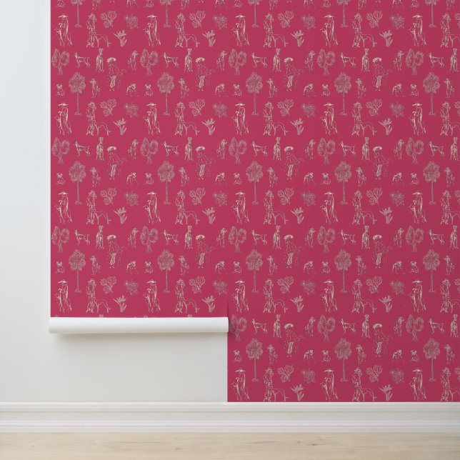 Dogs Lady Toile de Jouy Dark Pink Colour  Wallpaper (Application)