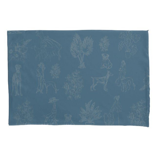 Dogs Lady Toile de Jouy Dark Turquoise Pillowcase (Front)