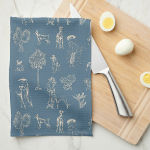 Dogs Lady Toile de Jouy Dark Turquoise Tea Towel