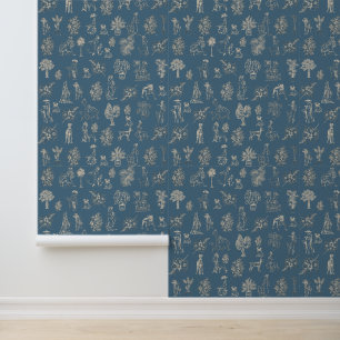 Dogs Lady Toile de Jouy Dark Turquoise  Wallpaper