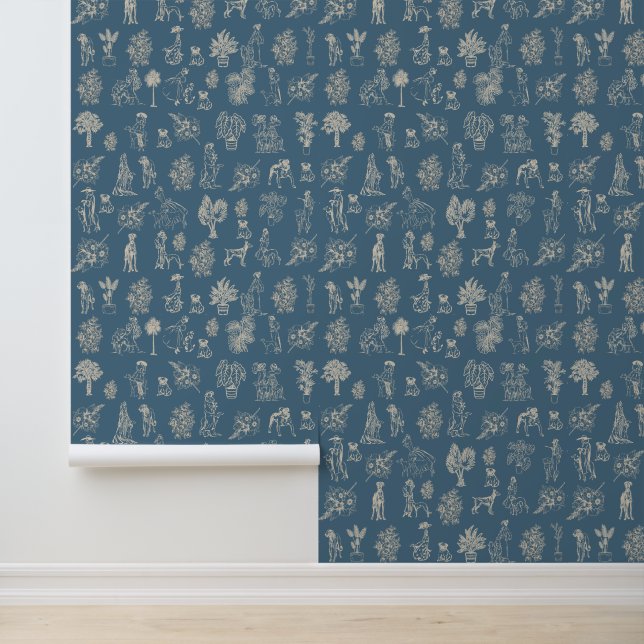 Dogs Lady Toile de Jouy Dark Turquoise  Wallpaper (Application)