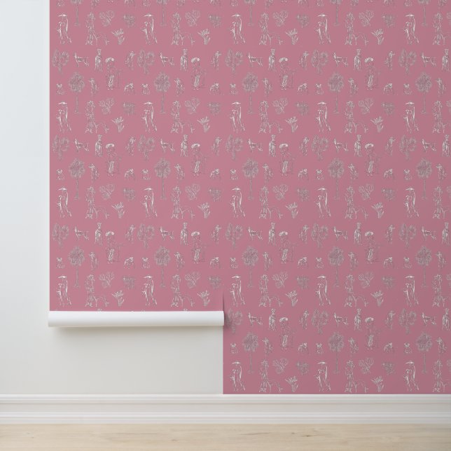 Dogs Lady Toile de Jouy Pink Colour  Wallpaper (Application)
