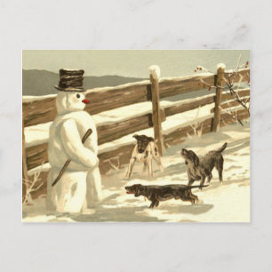 Dogs meet snowman by the fence, classic holiday postcard