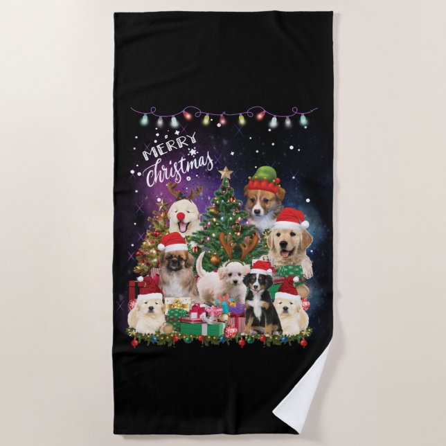 Dogs Merry Christmas Light Beach Towel (Front)