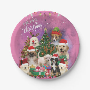 dogs Merry christmas Light Paper Plate
