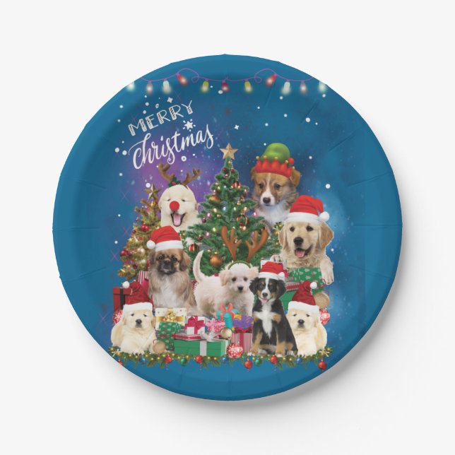 dogs Merry christmas Light Paper Plate (Front)