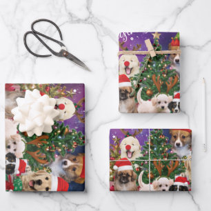 Dogs Merry Christmas Light Wrapping Paper Sheet