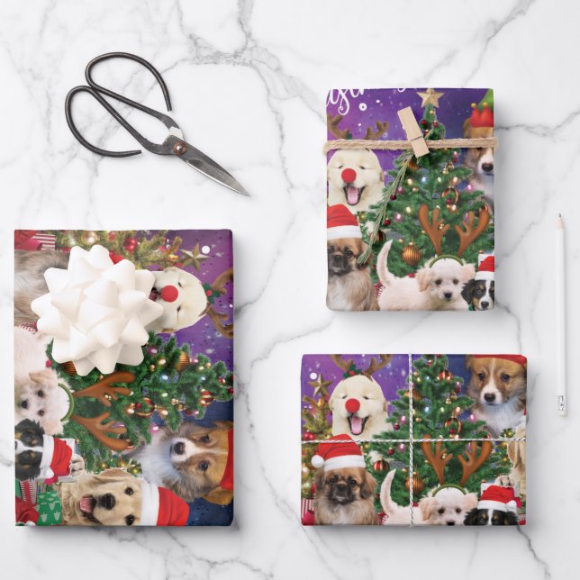 Dogs Merry Christmas Light Wrapping Paper Sheet (Front)