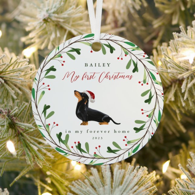 Dog's My First Christmas with Name Dachshund Metal Tree Decoration (Insitu)