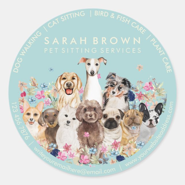 Dogs on Floral Frame Classic Round Sticker (Front)