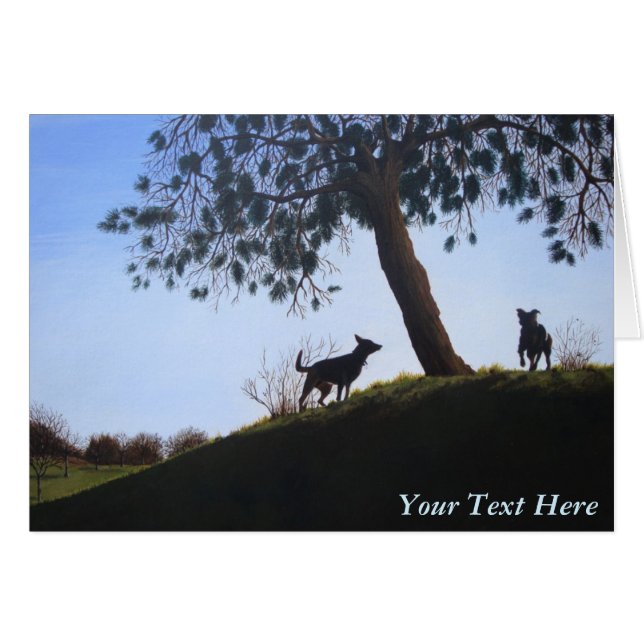 dogs on hillside  blue sky original landscpe art (Front Horizontal)