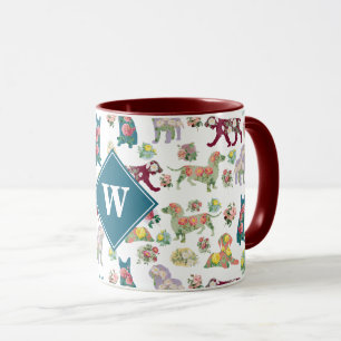 Dogs Pattern & Vintage Flowers Monogram Mug