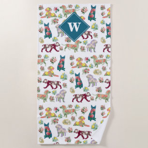 Dogs Pattern & Vintage Watercolor Flowers Monogram Beach Towel